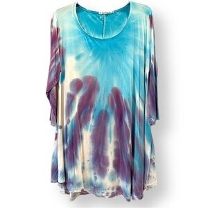 Hand crafted tie dyed boatneck tunic turquoise blue and purple 1X